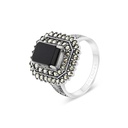 Sterling Silver 925 Ring Embedded With Natural Black Agate And Marcasite Stones