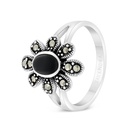 Sterling Silver 925 Ring Embedded With Natural Black Agate And Marcasite Stones