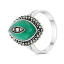 Sterling Silver 925 Ring Embedded With Natural Green Agate And Marcasite Stones