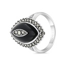 Sterling Silver 925 Ring Embedded With Natural Black Agate And Marcasite Stones