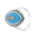 Sterling Silver 925 Ring Embedded With Natural Processed Turquoise And Marcasite Stones