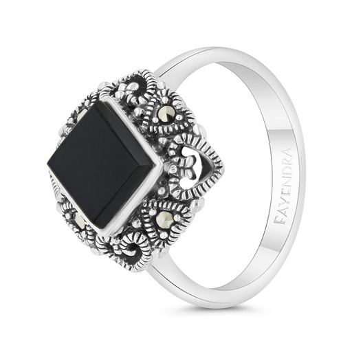 Sterling Silver 925 Ring Embedded With Natural Black Agate And Marcasite Stones
