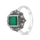 Sterling Silver 925 Ring Embedded With Natural Green Agate And Marcasite Stones