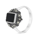 Sterling Silver 925 Ring Embedded With Natural Black Agate And Marcasite Stones