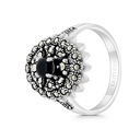 Sterling Silver 925 Ring Embedded With Natural Black Agate And Marcasite Stones