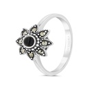 Sterling Silver 925 Ring Embedded With Natural Black Agate And Marcasite Stones