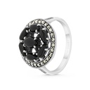 Sterling Silver 925 Ring Embedded With Natural Black Agate And Marcasite Stones