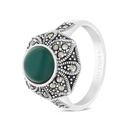 Sterling Silver 925 Ring Embedded With Natural Green Agate And Marcasite Stones