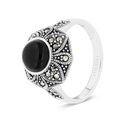 Sterling Silver 925 Ring Embedded With Natural Black Agate And Marcasite Stones