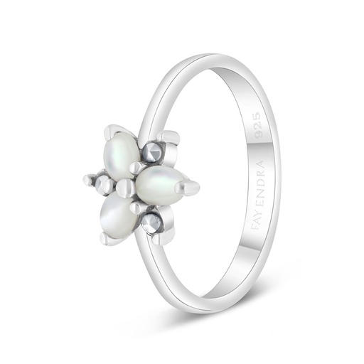 Sterling Silver 925 Ring Embedded With Natural White Shell And Marcasite Stones
