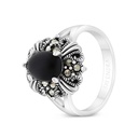 Sterling Silver 925 Ring Embedded With Natural Black Agate And Marcasite Stones