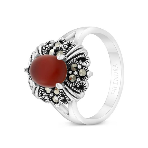 Sterling Silver 925 Ring Embedded With Natural Aqiq And Marcasite Stones