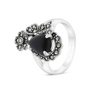 Sterling Silver 925 Ring Embedded With Natural Black Agate And Marcasite Stones