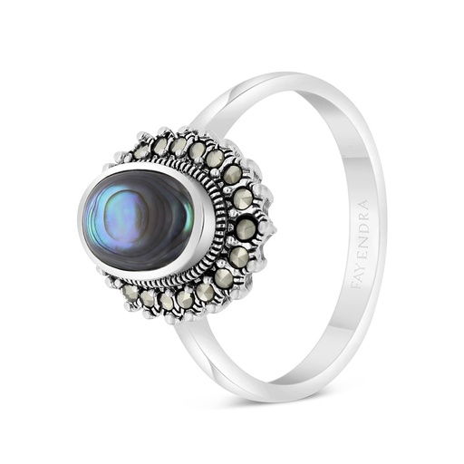 Sterling Silver 925 Ring Embedded With Natural Blue Shell And Marcasite Stones