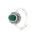 Sterling Silver 925 Ring Embedded With Natural Green Agate And Marcasite Stones