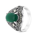 Sterling Silver 925 Ring Embedded With Natural Green Agate And Marcasite Stones