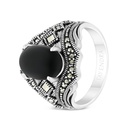 Sterling Silver 925 Ring Embedded With Natural Black Agate And Marcasite Stones