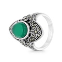 Sterling Silver 925 Ring Embedded With Natural Green Agate And Marcasite Stones