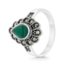 Sterling Silver 925 Ring Embedded With Natural Green Agate And Marcasite Stones