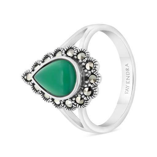 Sterling Silver 925 Ring Embedded With Natural Green Agate And Marcasite Stones