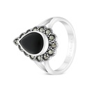 Sterling Silver 925 Ring Embedded With Natural Black Agate And Marcasite Stones