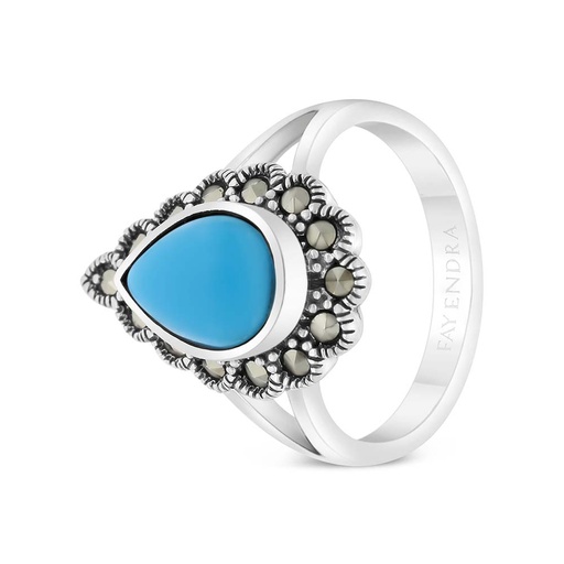 Sterling Silver 925 Ring Embedded With Natural Processed Turquoise And Marcasite Stones