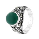 Sterling Silver 925 Ring Embedded With Natural Green Agate And Marcasite Stones