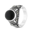 Sterling Silver 925 Ring Embedded With Natural Black Agate And Marcasite Stones