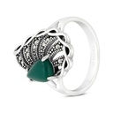 Sterling Silver 925 Ring Embedded With Natural Green Agate And Marcasite Stones