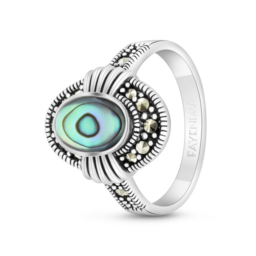 Sterling Silver 925 Ring Embedded With Natural Blue Shell And Marcasite Stones