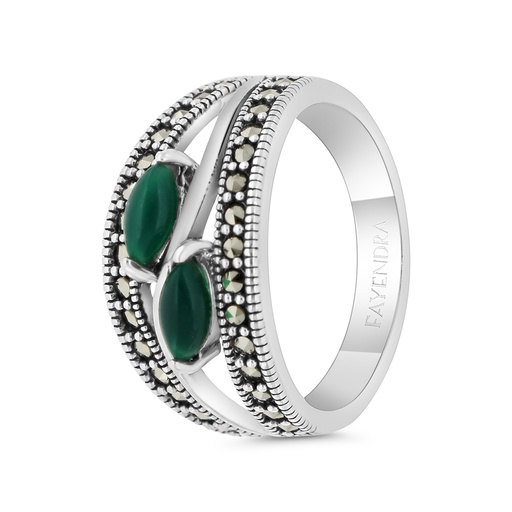 Sterling Silver 925 Ring Embedded With Natural Green Agate And Marcasite Stones