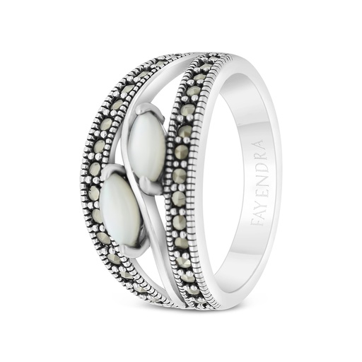 Sterling Silver 925 Ring Embedded With Natural White Shell And Marcasite Stones