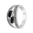 Sterling Silver 925 Ring Embedded With Natural Black Agate And Marcasite Stones