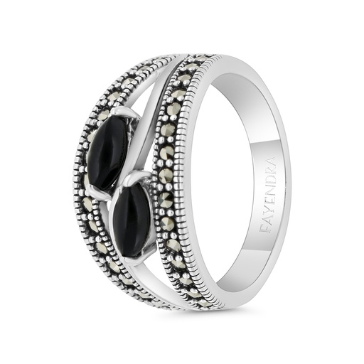 Sterling Silver 925 Ring Embedded With Natural Black Agate And Marcasite Stones