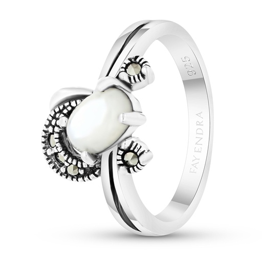 Sterling Silver 925 Ring Embedded With Natural White Shell And Marcasite Stones