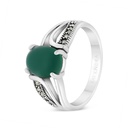 Sterling Silver 925 Ring Embedded With Natural Green Agate And Marcasite Stones