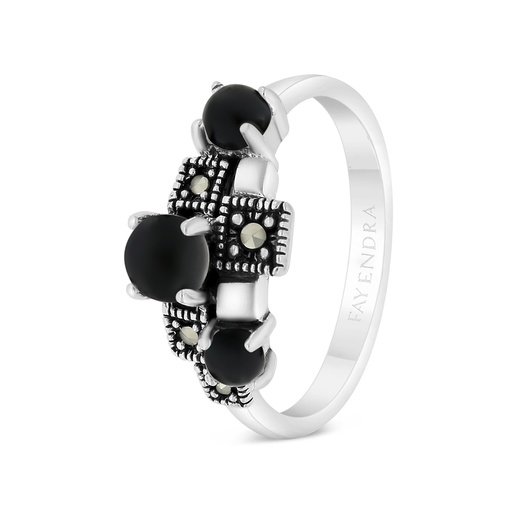 Sterling Silver 925 Ring Embedded With Natural Black Agate And Marcasite Stones