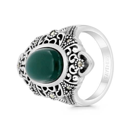 Sterling Silver 925 Ring Embedded With Natural Green Agate And Marcasite Stones