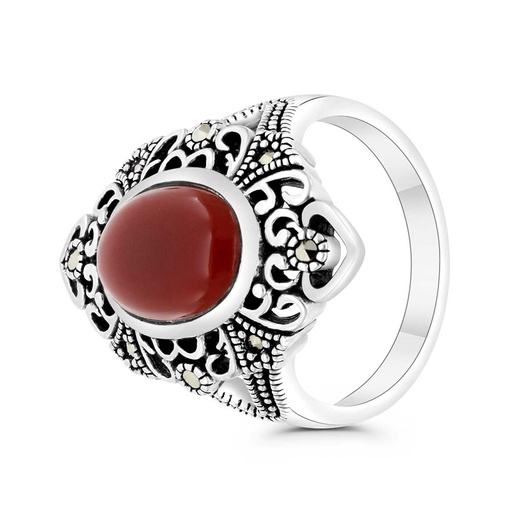 Sterling Silver 925 Ring Embedded With Natural Aqiq And Marcasite Stones