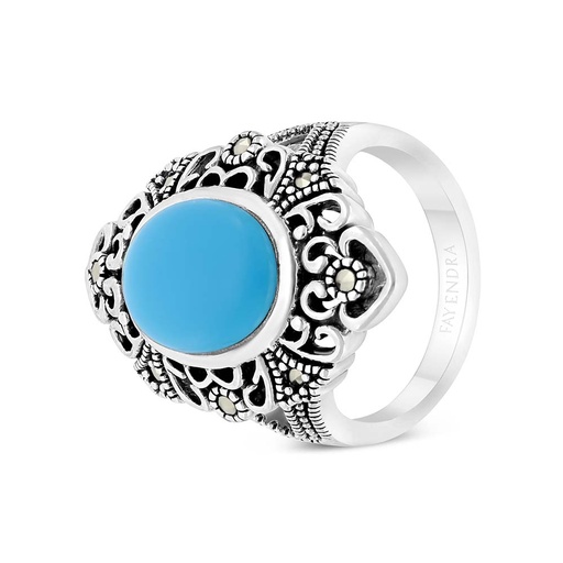 Sterling Silver 925 Ring Embedded With Natural Processed Turquoise And Marcasite Stones