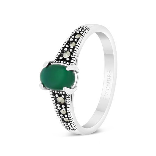 Sterling Silver 925 Ring Embedded With Natural Green Agate And Marcasite Stones