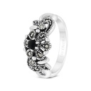 Sterling Silver 925 Ring Embedded With Natural Black Agate And Marcasite Stones