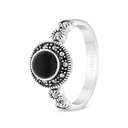 Sterling Silver 925 Ring Embedded With Natural Black Agate And Marcasite Stones