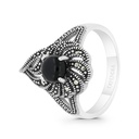 Sterling Silver 925 Ring Embedded With Natural Black Agate And Marcasite Stones