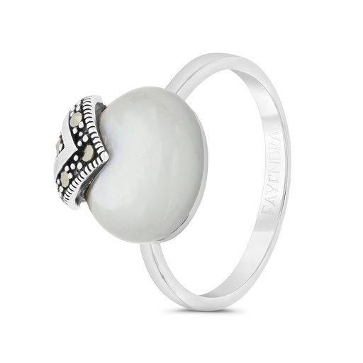 Sterling Silver 925 Ring Embedded With Natural White Shell And Marcasite Stones