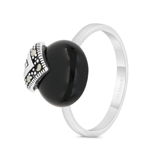Sterling Silver 925 Ring Embedded With Natural Black Agate And Marcasite Stones