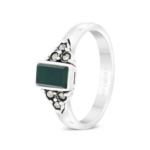 Sterling Silver 925 Ring Embedded With Natural Green Agate And Marcasite Stones