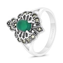 Sterling Silver 925 Ring Embedded With Natural Green Agate And Marcasite Stones