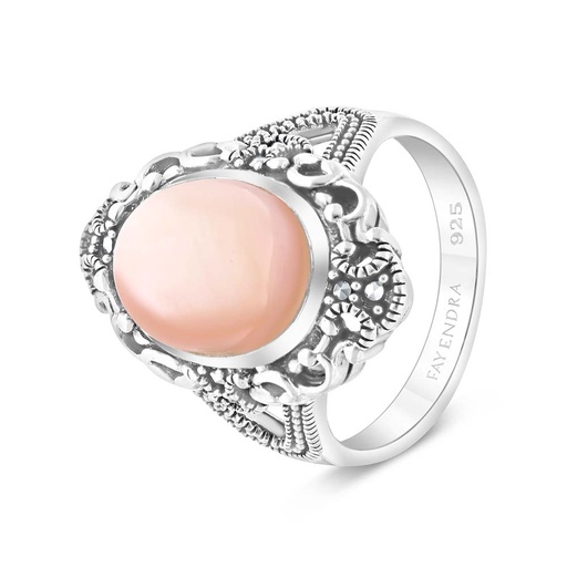 Sterling Silver 925 Ring Embedded With Natural Pink Shell And Marcasite Stones