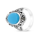 Sterling Silver 925 Ring Embedded With Natural Processed Turquoise And Marcasite Stones